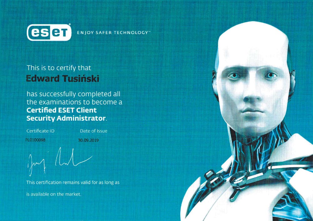 2019-09-30 Edward Tusiński_Certyfied ESET Client Security Administrator